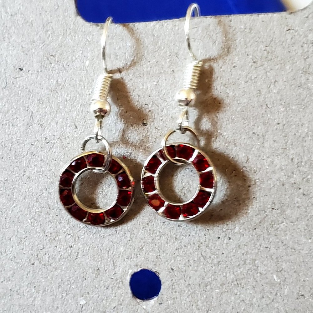 Silver Tone Hook Red Rhinestone Circle Dangle Earrings Tony Alexander Jewelry